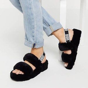 Women's Size 6 UGG Oh Yeah Fluffy Furry Black Slingback Sandals